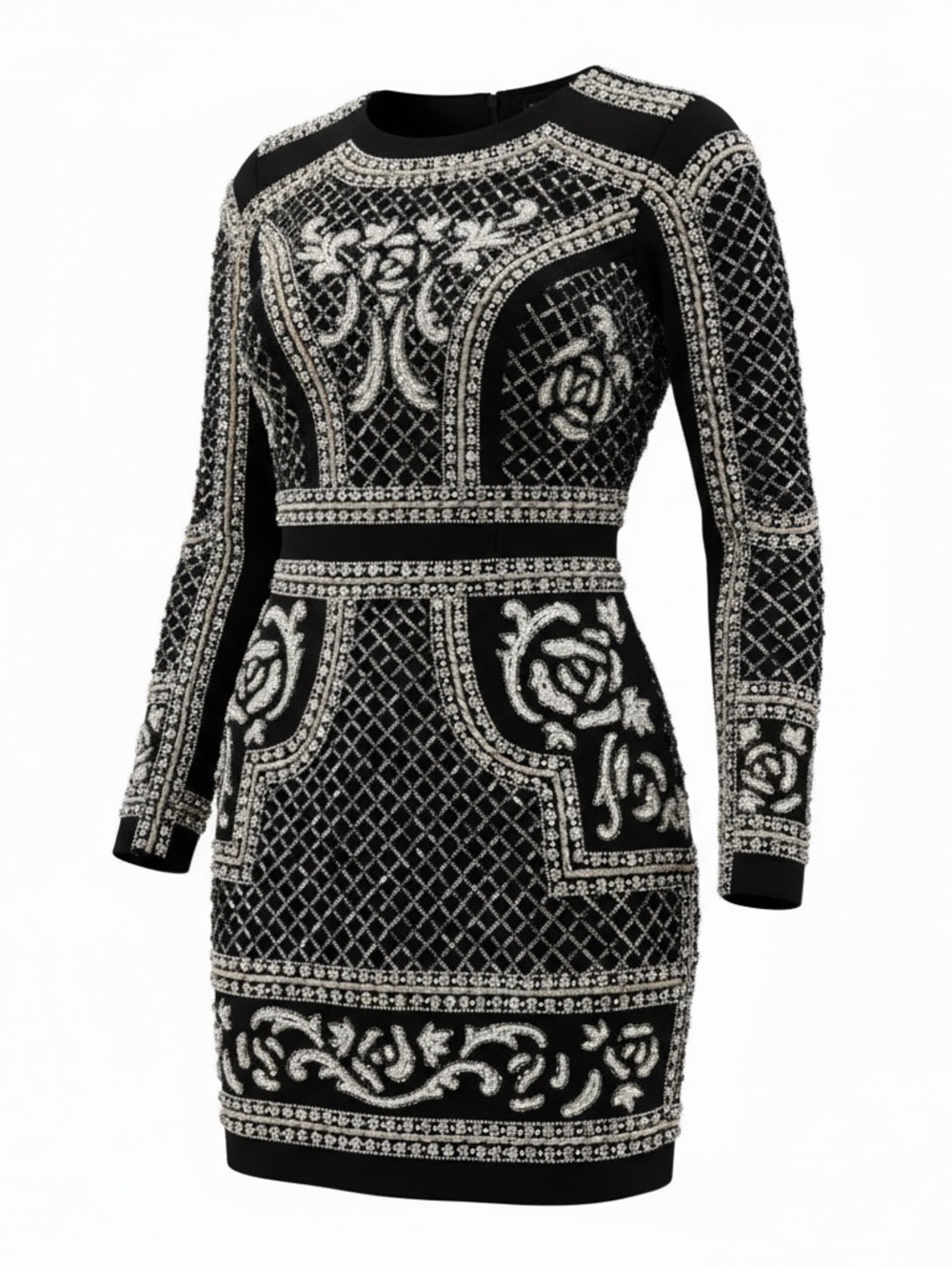 BEBE Black and Silver Embellished Long-Sleeve Dress